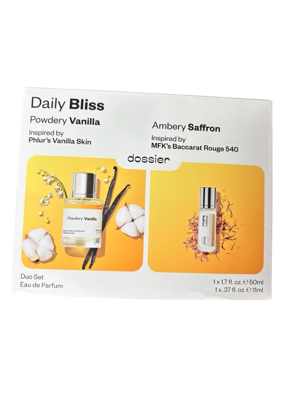 Dossier Daily Bliss Duo Set Powdery Vanilla and Ambery Saffron Eau de Parfum New